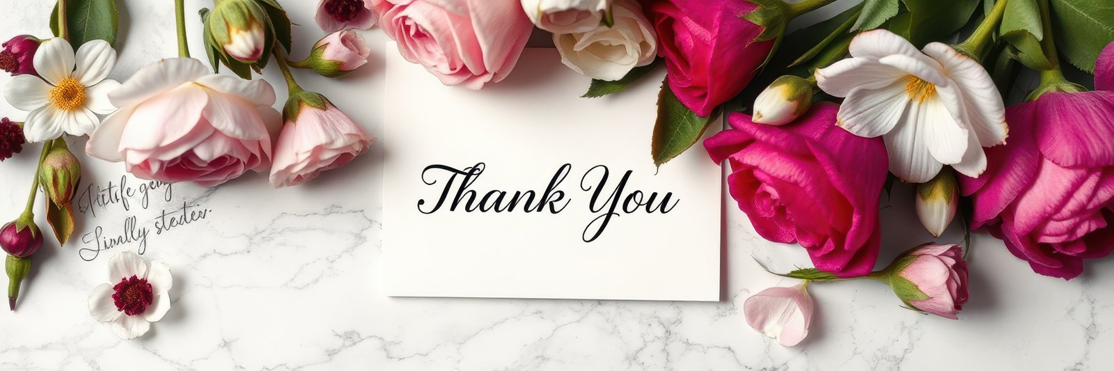 Bouquet of colorful flowers with a thank you card on a marble background